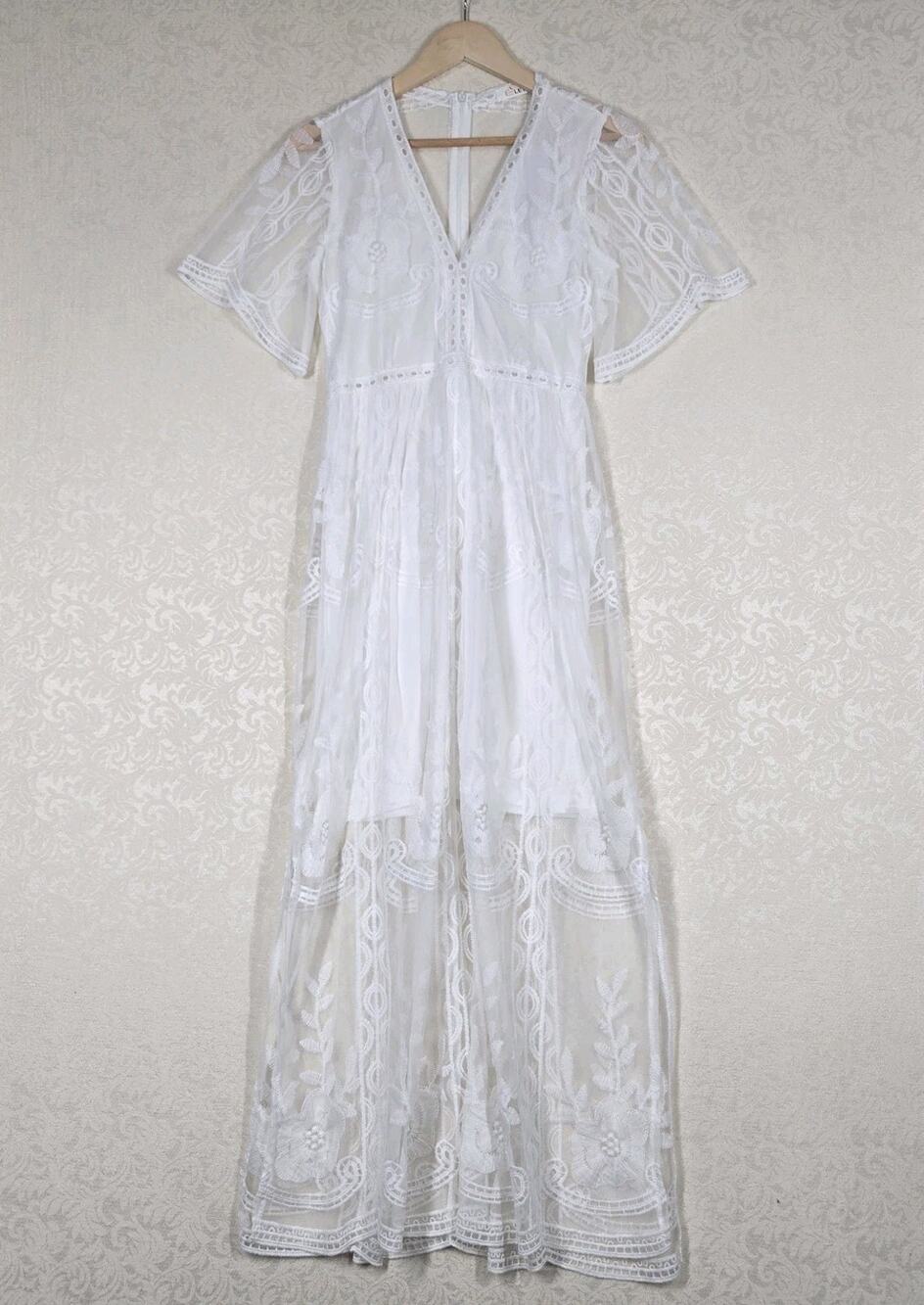 Eleter Lace Maxi Dress S White Bridal Ethereal High Slit Romantic